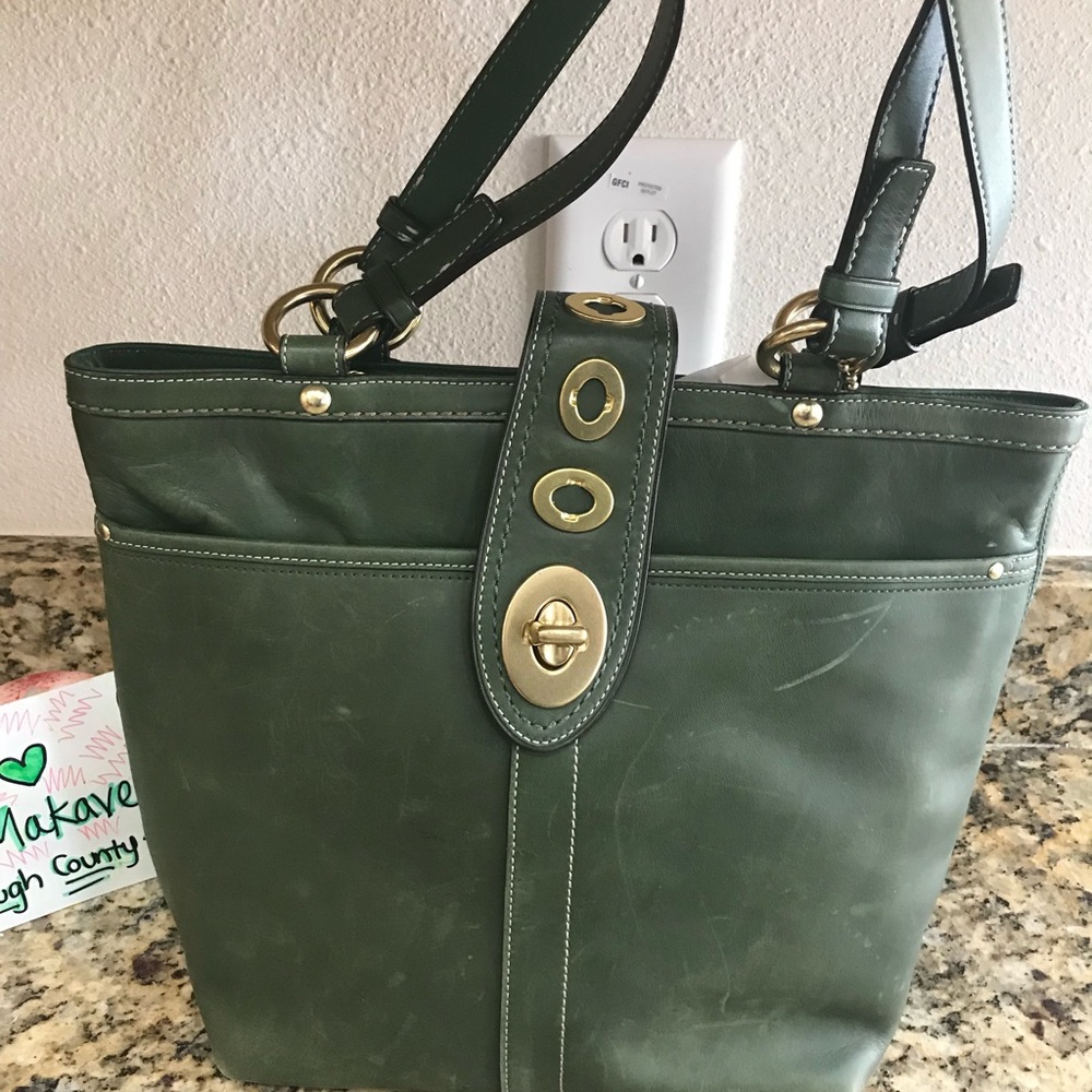Coach Green Leather Turnlock Legacy Tote